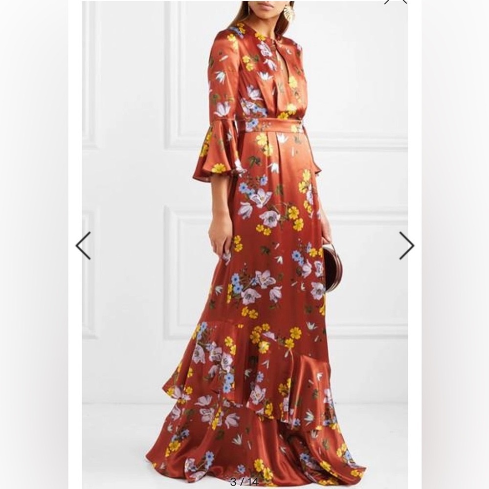 Erdem Venice Ruffled Floral-print Silk-satin Dress In Brick - size 4 US